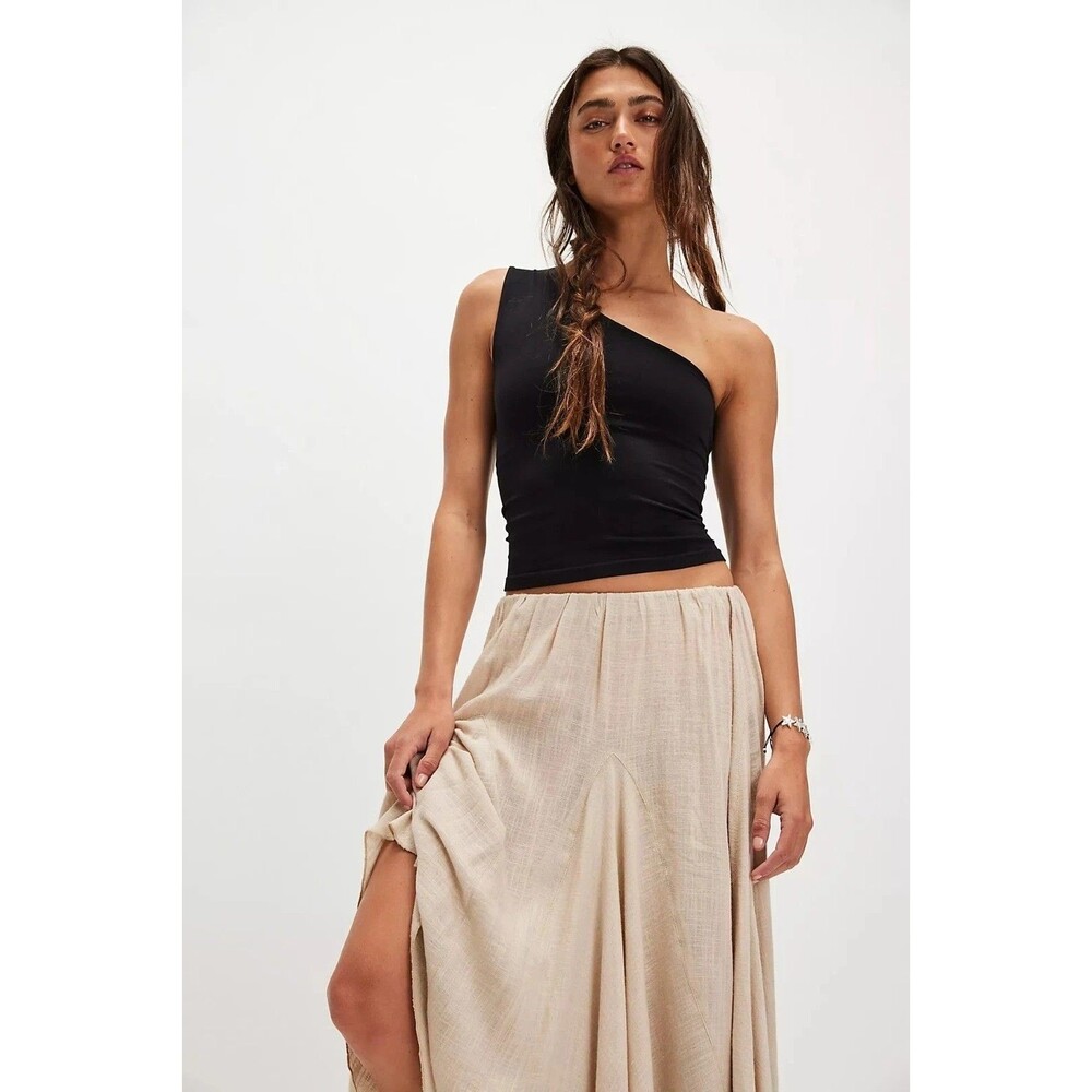 Free People Madras That Solid Linen Maxi Skirt A Line Godet Mid Rise M 286053 - Picture 3 of 8